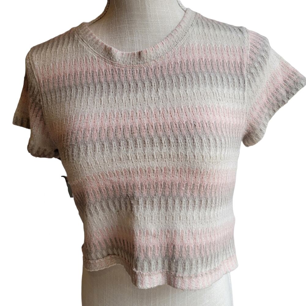 We The Free People Movin It Pink/Grey Knit Short Sleeve Boxy Crop Sweater Sz S